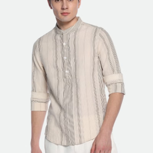 Chemise décontractée à rayures opaques en coton kaki confortable à col mandarin et coupe slim Dennis Lingo