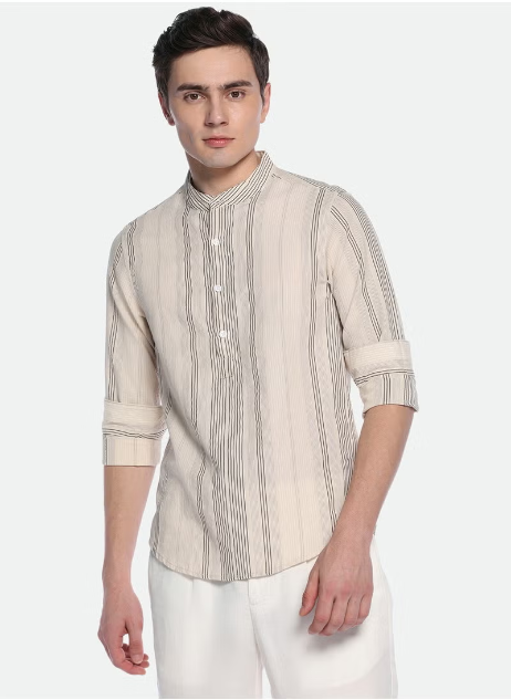 Chemise décontractée à rayures opaques en coton kaki confortable à col mandarin et coupe slim Dennis Lingo