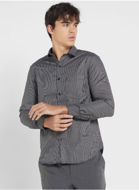 Chemise habillée durable à carreaux noire et blanche facile d'entretien pour homme, sans repassage Robert Wood