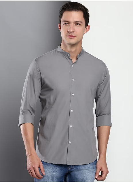 Chemise décontractée en coton à coupe slim unie pour homme avec col étalé et manches longues Dennis Lingo.