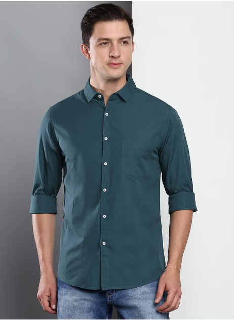 Chemise décontractée en coton à coupe slim unie pour homme avec col étalé et manches longues Dennis Lingo.